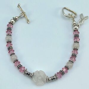 Bracelet Sterling Silver Flower Quartz Pink Crystal Beaded Breast Cancer Charm